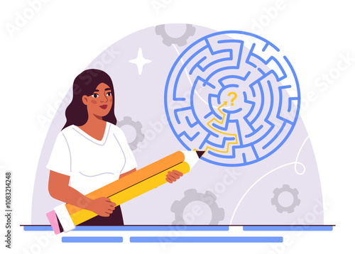 Woman with labyrinth. Young girl with huge pencil near maze. Businesswoman looking for solution to problem. Puzzle and intellectual game. Flat vector illustration