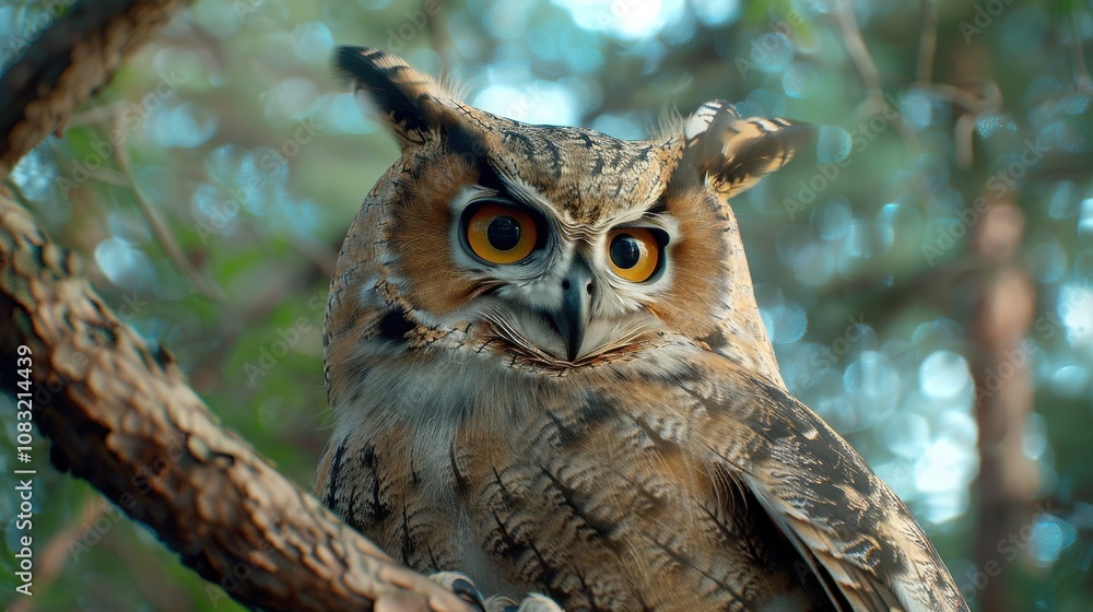 Fototapeta premium Majestic Owl Perched on a Tree Branch
