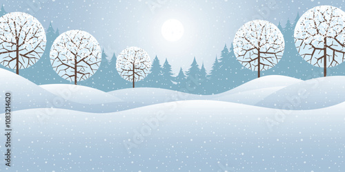 Winter minimalistic landscape, forest and snowfall, vector illustration	