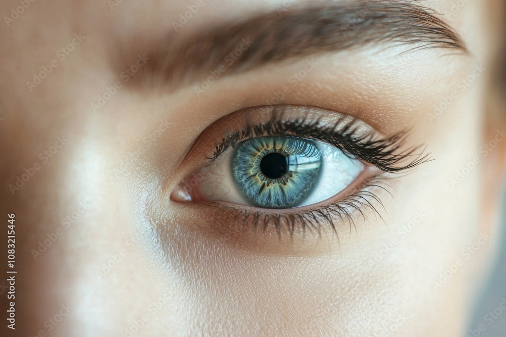 Obraz premium Close-up of a pair of expressive human eyes, perfectly symmetrical, with intricate detail in the irises, surrounded by soft skin and eyelashes, and blank space for commercial text about vision care