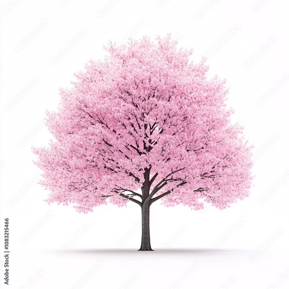 Fototapeta premium A vibrant pink tree with delicate blossoms, set against a plain white background, symbolizing beauty and nature's renewal.