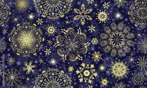 Vector seamless Christmas hand drawn pattern with golden  snowflakes and stars and on a dark violet background