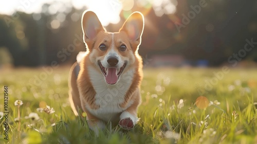 Happy Corgi Running in Sunlit Field photo