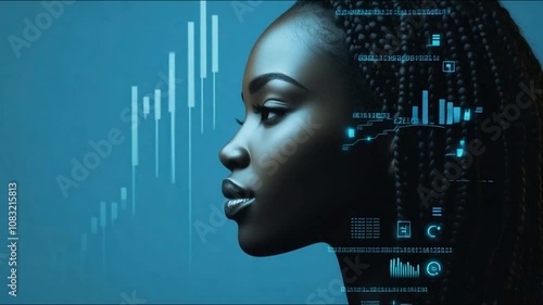 A black woman on a blue technological background, a combination of human elements and graphic data. Illustration for artificial intelligence, digital transformation and future technologies.