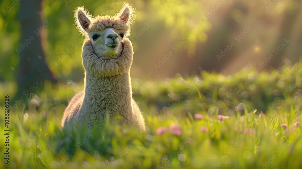 Naklejka premium Charming Alpaca in Blooming Meadow at Sunset