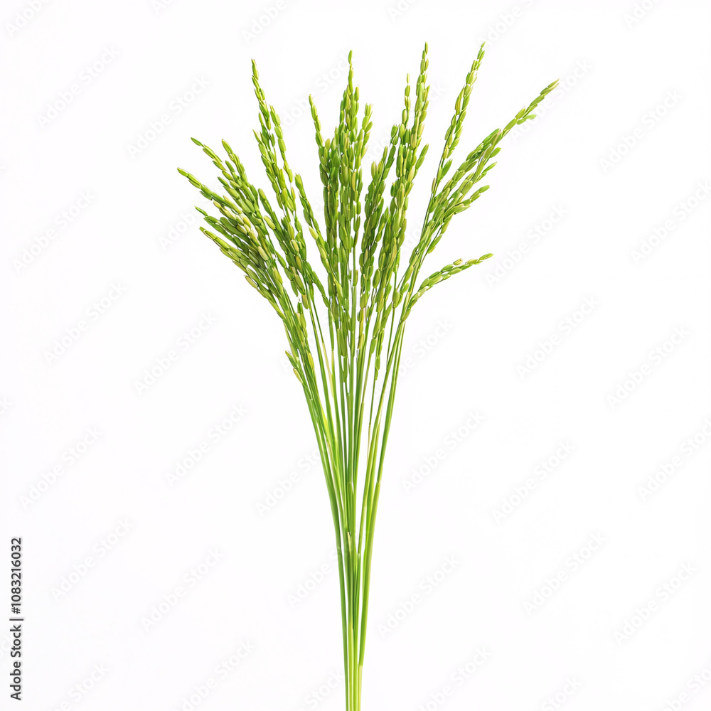 Obraz premium A close-up of green, flowering grass with slender stems and tiny buds, showcasing a natural, vibrant, and fresh botanical element.