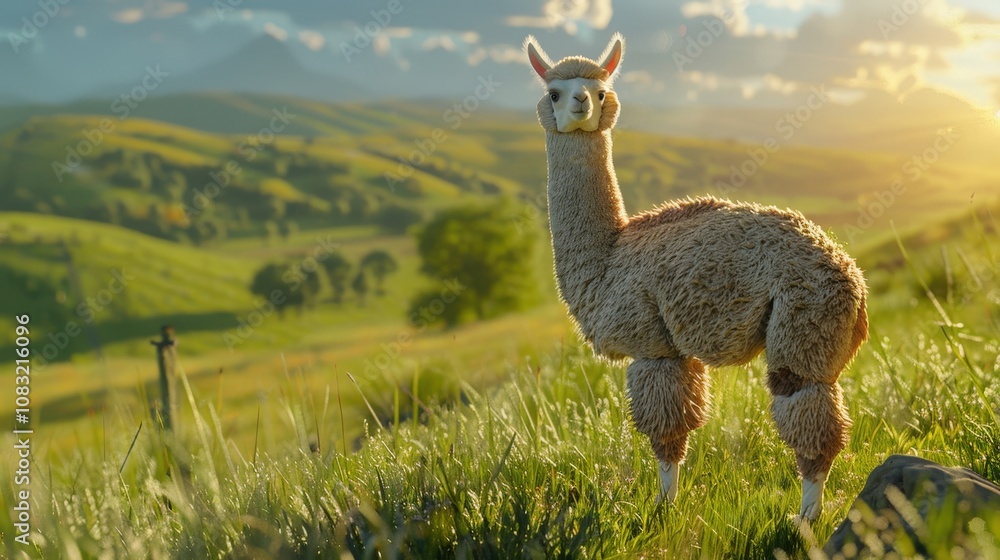 Naklejka premium Llama Portrait in Serene Green Landscape