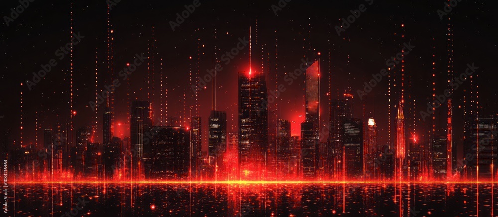 Obraz premium digital cityscape with glowing red lights and data streams futuristic urban technology theme .