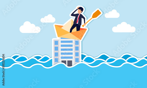 A businessman and his paper boat are stuck on a company building in the middle of a vast ocean, illustration of being trapped in a bad and toxic work system, resulting in unproductive