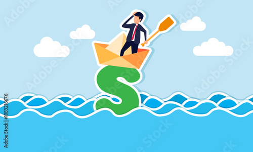 A businessman and his paper boat are stuck and stranded on a dollar sign in the middle of a vast ocean, illustration of being trapped in a financial problem or overwhelming business debt