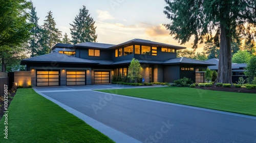 Modern two-story house featuring a long driveway, dual garages, and a well-kept lawn with a large tree nearby. photo