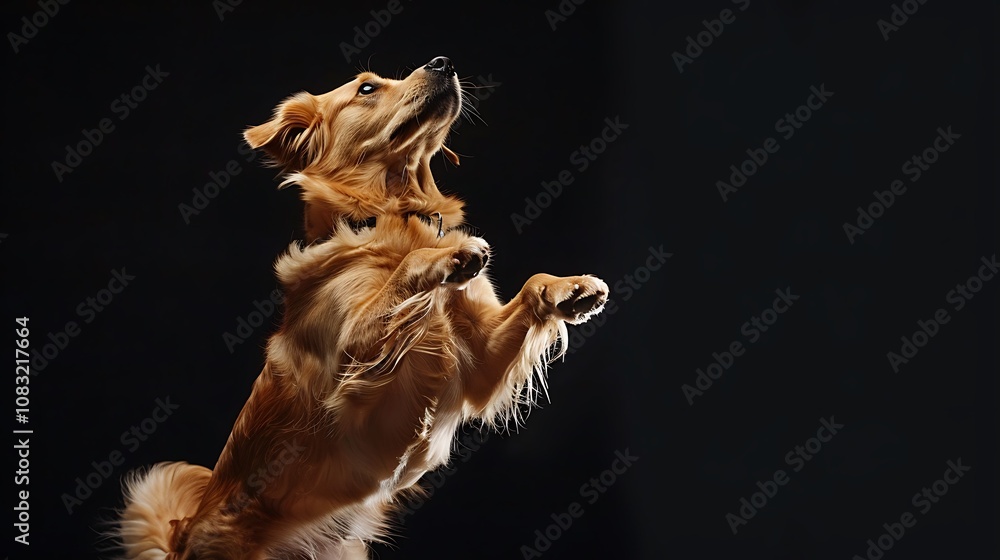 Obraz premium A golden retriever jumping in mid-air against a dark background, showcasing its playful spirit.