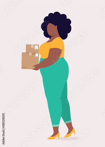 Side View Of A Plus Size Black Woman Carrying A Stack Of Delivery Box.