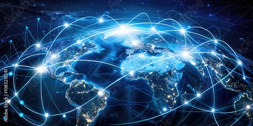 3D digital earth with a network of glowing points and lines stretching across continents, illustrating a worldwide communication network