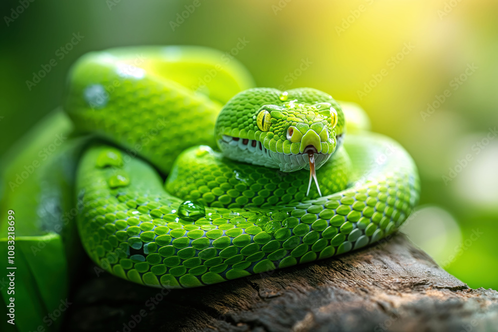 Obraz premium A green snake displaying fangs while coiled on a wooden log surrounded by green foliage