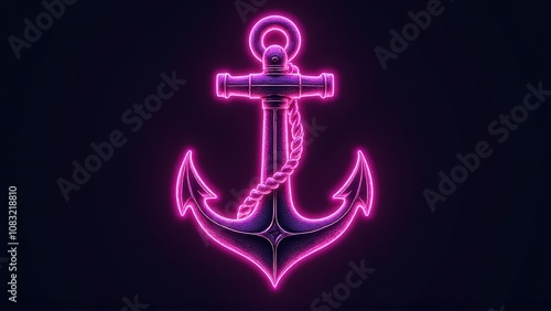 Neon Pink Anchor, 3D Glowing Maritime Art with Purple Effects photo