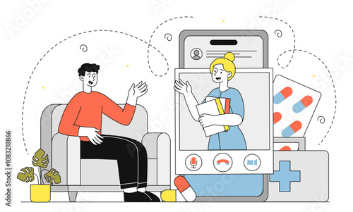 Medical consultation online. Man communicates with woman doctor on Internet. Healthcare and telemedicine. Doctors appointment online. Linear vector illustration