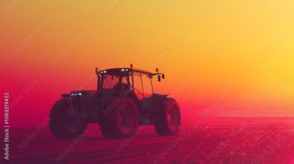 Fototapeta premium A tractor sits in a field at sunset, with a grid pattern overlaid on the image.