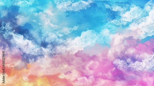 colorful sky with pink, blue and purple clouds. The sky is filled with fluffy clouds that look like they are made of cotton candy. The colors of the clouds create a dreamy and whimsical atmosphere photo