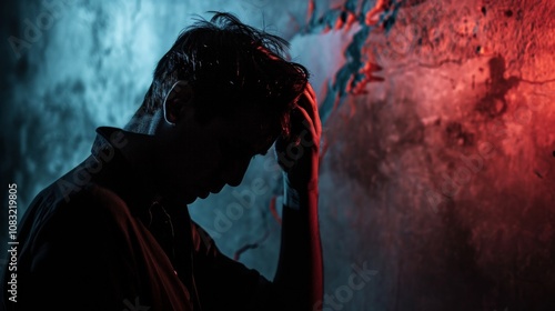 Schizophrenic man holding head in his hand, sad after receive bad news. Stressed boy confused with unhappy problem, cry and worry about unexpected work, down economy, bipolar photo