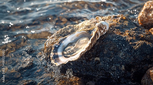A fresh oyster resting on a stone, surrounded by gentle waves. The shimmering water enhances the beauty of this natural seafood delicacy.