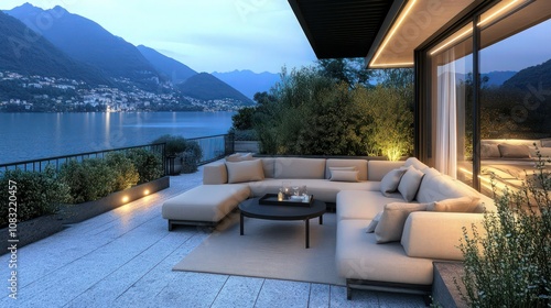 Luxurious modern outdoor sectional sofa seating area overlooking a serene illuminated lake and mountains at twilight.