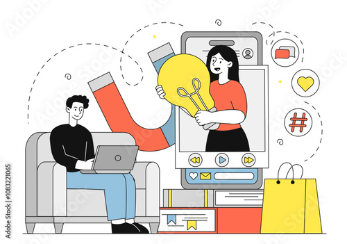 Man with online course. Young guy with laptop watches video of woman with light bulb. Distance education and training, learning. Linear vector illustration