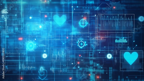 Abstract blue digital background with heart icons, charts, and other icons.