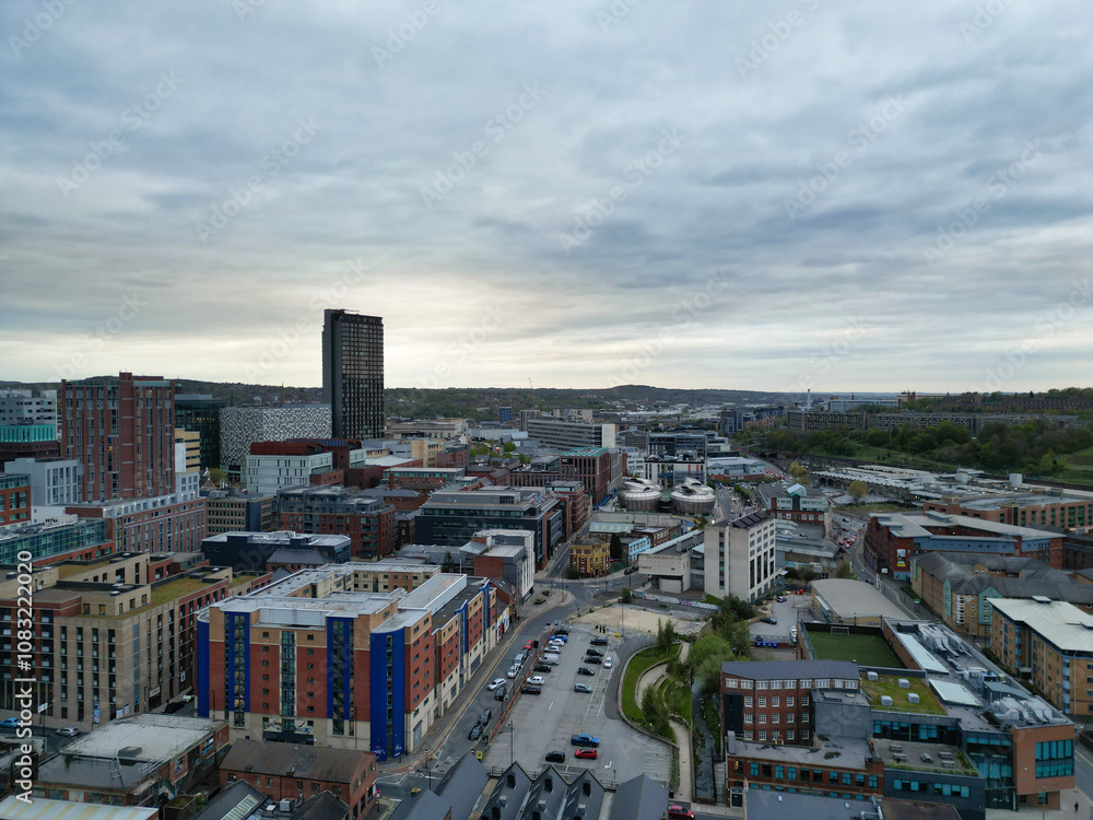 Naklejka premium Aerial View of Historical Sheffield City Centre Which is Located at English county of South Yorkshire United Kingdom. April 29th, 2024.