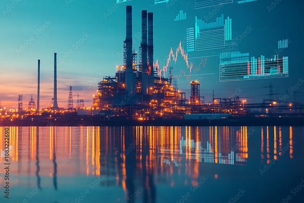 Obraz premium Industrial landscape with digital data overlays, showcasing energy production and analytics.