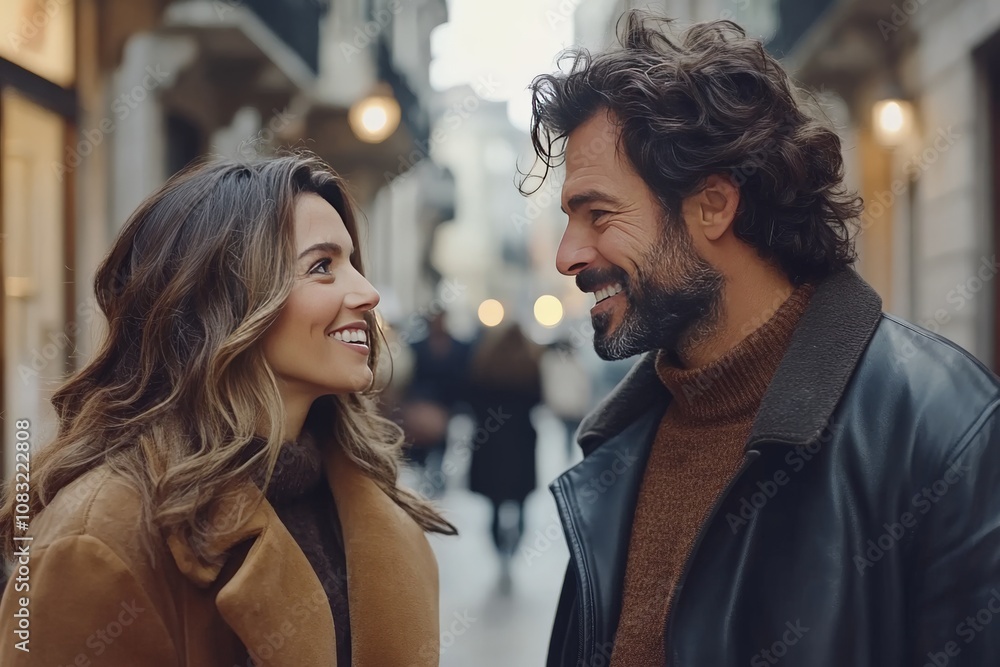 Naklejka premium Stylish couple exchanging smiles on a cobblestone street in a festive evening setting symbolizing romance charm and the warmth of shared joy