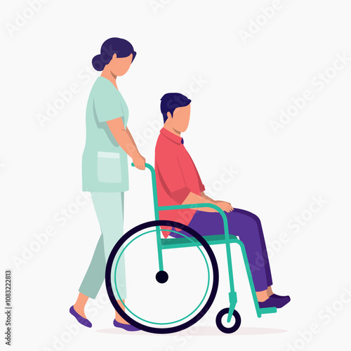 Side View Of Female Nurse Pushing A Disabled Young Man In Wheelchair.