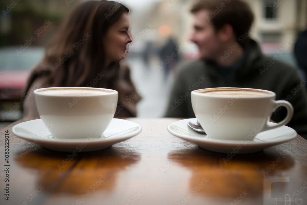 Fototapeta premium Two steaming coffee cups on a rustic wooden table in an outdoor café evoking warmth relaxation and meaningful conversations on a breezy afternoon