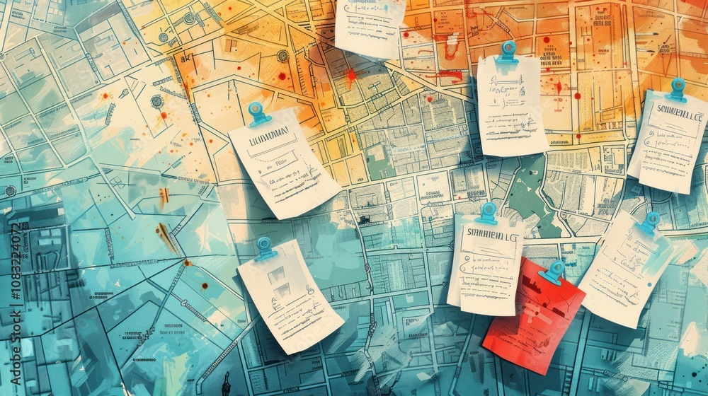 Obraz premium A close-up view of a corkboard covered in maps and notes. The maps are of various cities and the notes are handwritten. The notes have various colors and are pinned to the board. 