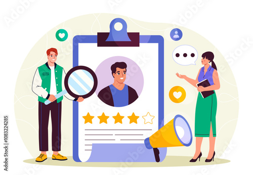 People with personnel management. Man with magnifying glass, woman with loudspeaker near clipboard with mens rating. Headhunting and recruitment. Flat vector illustration