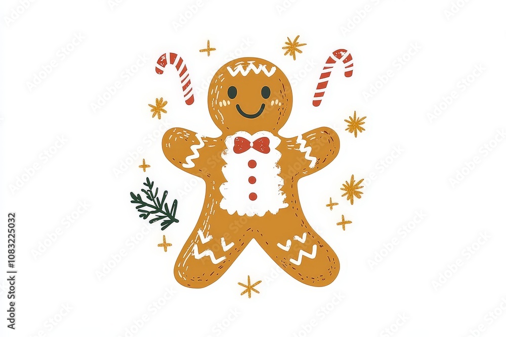 Obraz premium Gingerbread man illustration adorned with candy canes and holly set amidst a snowy backdrop with golden accents exuding festive cheer and holiday whimsy