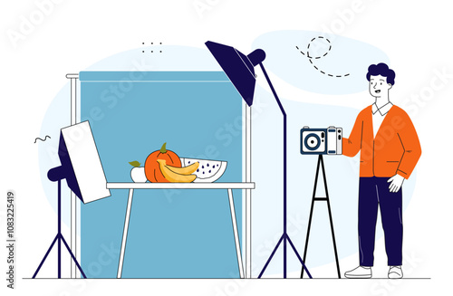 Man photographing products. Young guy with camera takes photo of fruits and vegetables. Photographer and journalist. Photo of food. Linear vector illustration