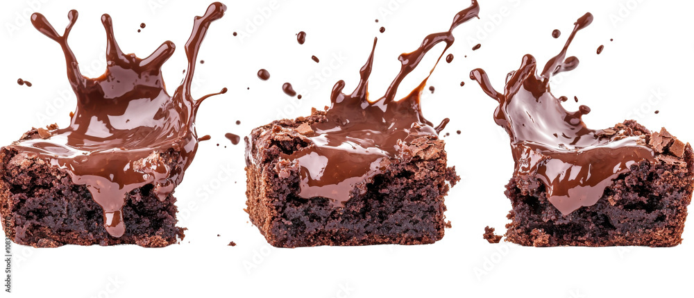 Fototapeta premium set of chocolate brownie with chocolate cream, melting and splashing, isolated on transparent background