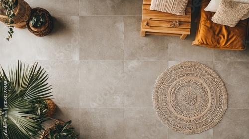 Top view of a living room with a round jute rug, wooden coffee table, and plants.