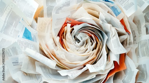 Swirling arrangement of torn book pages forming a textured spiral, conceptual abstract background. photo