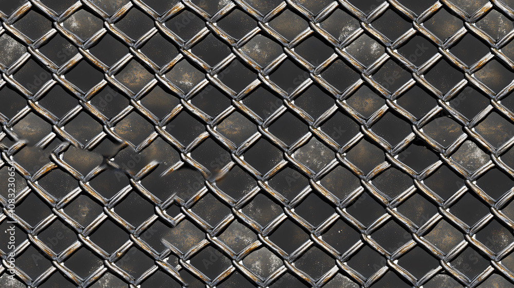 Fototapeta premium A close-up of a textured metal mesh, featuring a diamond pattern with a dark background, showcasing industrial design and durability.