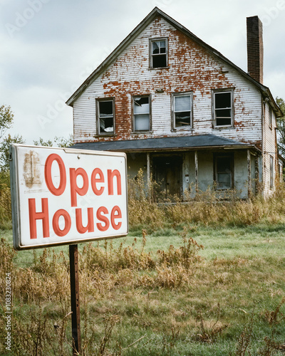 dilapidated, open house, real estate, humor, abandoned, poverty, housing, crisis, irony, old, property, broken, home, derelict, urban, decay, homeownership, financial, struggles, affordable, satire photo