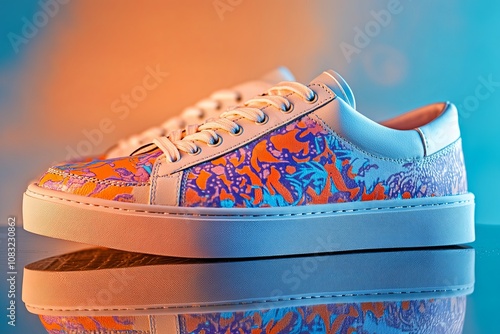 Colorful sneakers with intricate patterns displayed on a reflective surface under vibrant lighting. Generative AI photo