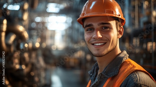 Young engineer wearing safety helmet and vest photo