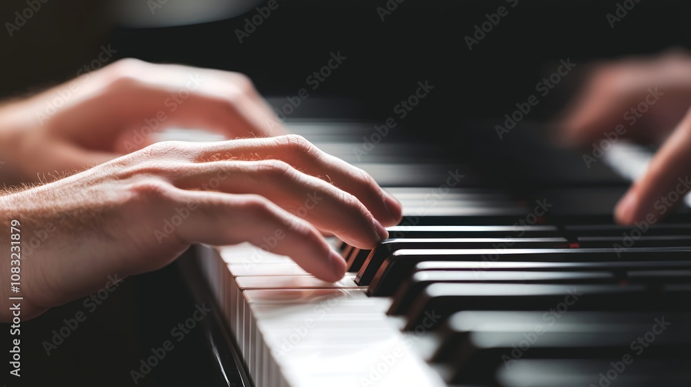 Fototapeta premium Grand Piano Maestro: A Talented Musician Lost in Concentration, Playing with Utmost Precision and Passion