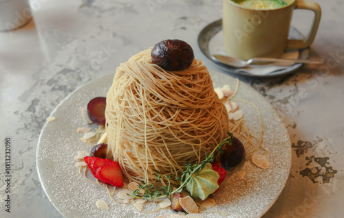Wallpaper Mural A Japanese Mt. Blanc Cake on a plate decorated with strawberries and chestnuts  Torontodigital.ca