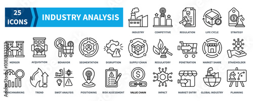 Industry Analysis icon collection set. Containing industry, competitive, regulation, product life cycle, pricing strategy, merger, segmentation, trend, swot analysis icon. Simple black outline vector.