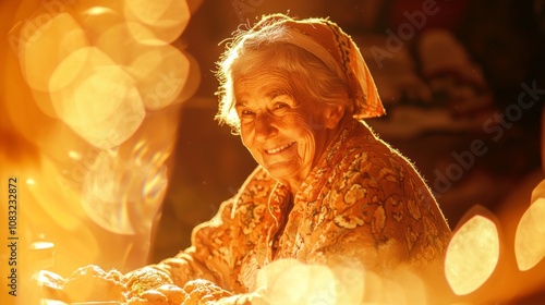 Warm and Nostalgic Scene of Elderly Woman Smiling Happily While Baking in Cozy Kitchen photo