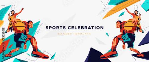 Sports Celebration featuring illustrations of badminton and basketball athletes in a grunge silhouette design style. Design with the concept of badminton tournaments and basketball matches. Sports