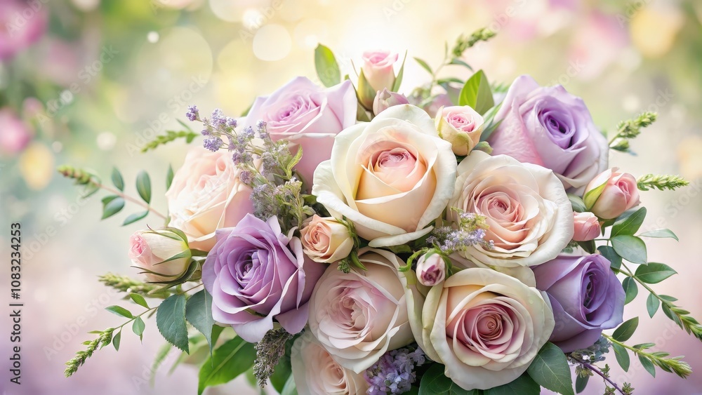 Obraz premium A delicate bouquet of pastel roses, showcasing soft hues of lavender, pink, and cream, capturing the essence of a springtime celebration.